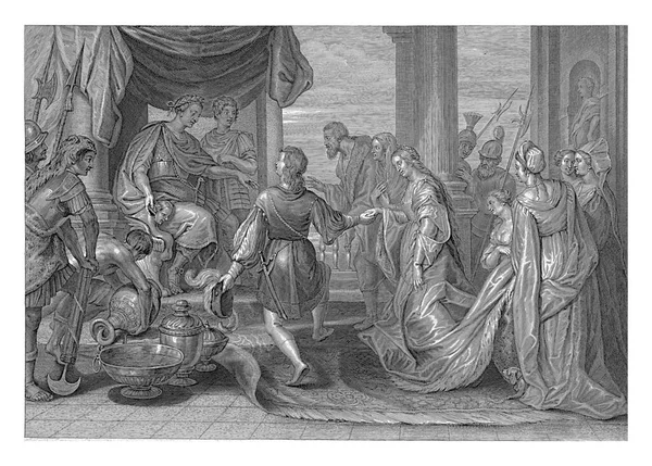 西庇欧把一个处子还给她未来的丈夫 作为对她的胜利的奖赏 底部边沿的拉丁文案文 — 图库照片