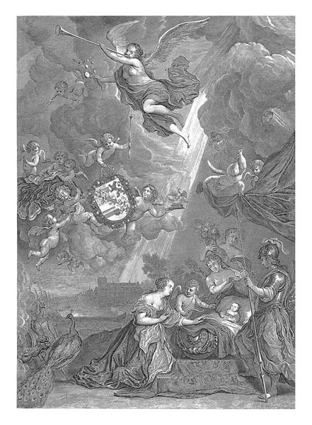 ウィリアム3世の誕生の伝説 1650年11月14日 ミネルバジュノーとキューピッドとフローラスタンドと子供とクレードルの周りにひざまずき — ストック写真