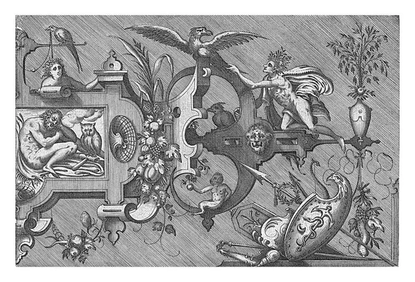 关于黑夜的描述 其形式是一个睡梦中的男人 旁边有一只猫头鹰 阴影背景 属于14幅系列的带有卷轴 奖杯和冰箱的手推车 — 图库照片