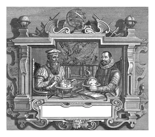 Uczeni Kartografowie Gerard Mercator Jodocus Hondius Przedstawiani Razem Wśród Swoich — Zdjęcie stockowe