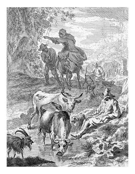 ニコラスPietersz後 ストリーム ヴィッシャーで羊飼い バーケム 1643年 1670年羊の群れが川の近くで休んでいる間 二頭の牛と羊が川を歩いている — ストック写真