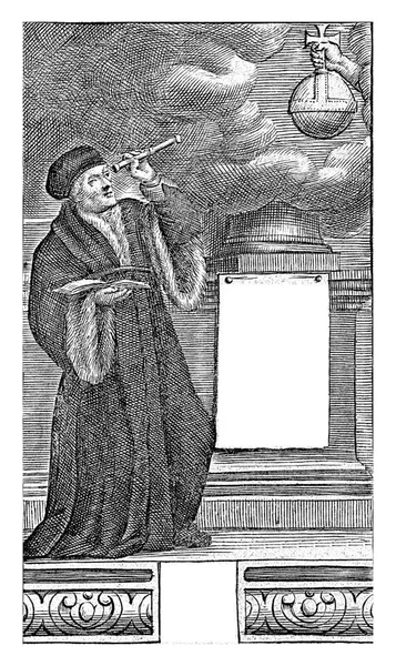 戴德里克斯 伊拉斯谟用双筒望远镜看云彩 看到一只手出现在云彩之间 手里拿着一个圆球 右边是一块标有书名的牌匾 — 图库照片