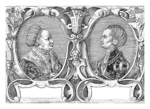 エルンスト2世マンスフェルド ヴォルドール伯爵と2番目の妻ドルテア フォン ソームズ リッチの二重肖像画が描かれている 腕の彼らの個人的なコートの装飾フレーム — ストック写真