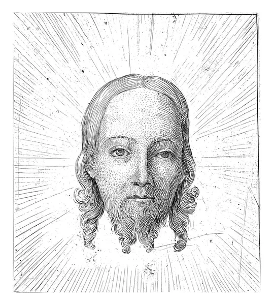 Głowa Chrystusa Długimi Włosami Brodą Aureoli Napisem Francusku — Zdjęcie stockowe