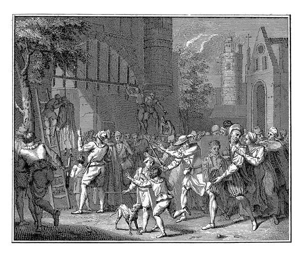 死刑囚は ファブリティウス デュブールが1727年にヴィンテージの彫刻を施した後 街の門 クロード アウグスティン デュフロスで絞首刑に処されます — ストック写真