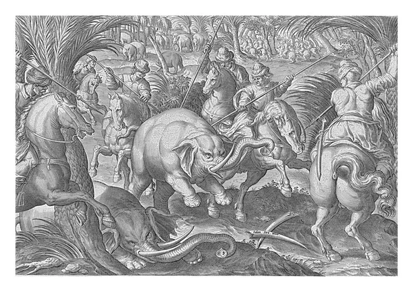 在前景中 一头大象被5名骑手用长矛袭击了 背景是棕榈树下的一群大象和一群骑马的猎人 — 图库照片
