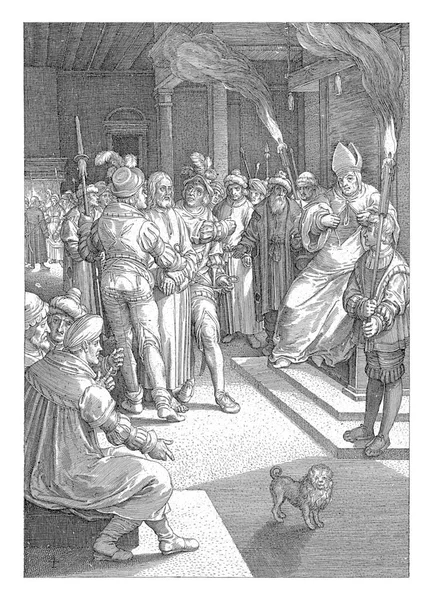 基督在该亚法之前 尼科拉斯 德布鲁因之前 1618年基督在该亚法大祭司面前 由兵丁带领 祭司坐在宝座上 撕裂衣服 控告基督亵渎 — 图库照片