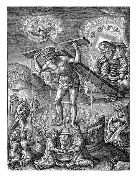 ワイン醸造所のキリスト ヒエロニムス ウィリクス Hieronyus Wierix 1563年1619年以前キリストはワイン醸造所の下で止められ 十字架は背中にかけられています 十字架の傷から血が流れ天使によって集められる — ストック写真