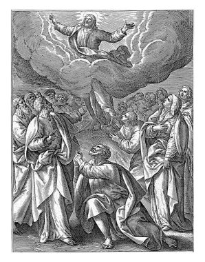 1563 'te Maerten de Vos' tan sonra Hieronymus Wierix adlı İsa 'nın yükselişi 1586' dan önce bir bulut tarafından cennete taşınmıştır. İnsanlar şaşkınlıkla yukarı bakıyor..