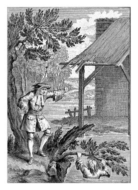 Bir çocuk nehre düşmüş ve çıkıntılı bir dala tutunmuş. Kıyıda bir adam onu nehirdeki bir kulübeye yönlendiriyor..