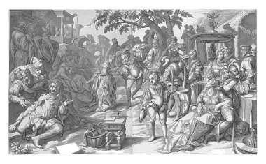 Yiyecek, içecek, müzik ve kur yapan bir çeşmenin yanında açık havada keyif alan bir şirketin iki sayfasında ifade vermek. Arka planda, bir adam binadan kovalanırken görülebilir..