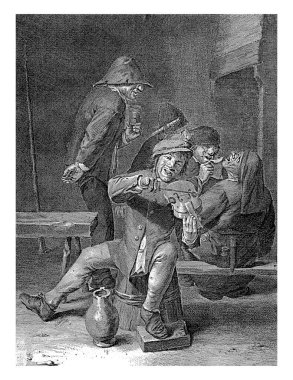 Bir handa, üç adam ve bir kadın şöminenin yanında şarkı söylüyorlar. Onlara ön planda kemancı eşlik eder. Bu parmak izi 