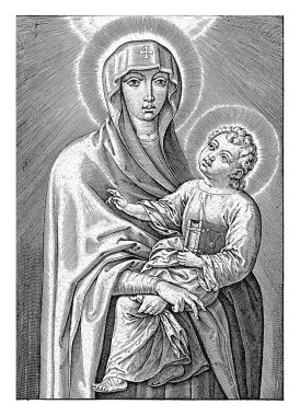 Meryem ve İsa Çocuk Hieronymus Wierix, 1563 - 1600 Peçeli Meryem İsa 'yı kollarında taşıyor. Çocuk kolunun altında bir kitap tutuyor ve kutsama hareketi yapıyor..