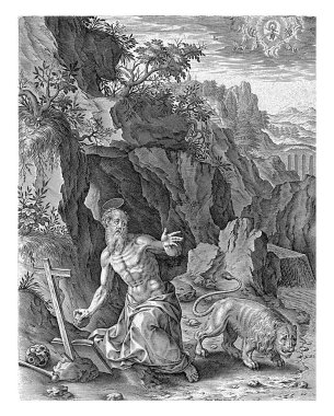 Aziz Jerome çöldeki bir haçın önünde diz çöker. O, elinde bir taş tutuyor. Arkasında aslan var..