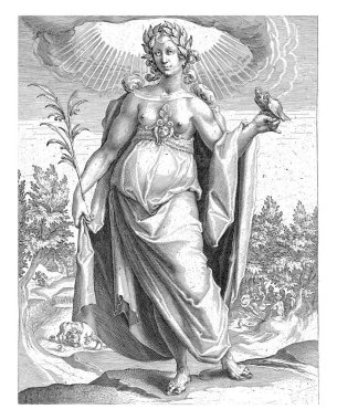 Peace: a woman in a long robe, with bare breasts, laurel wreath on her head, standing in front of a landscape. In her right hand she holds a palm branch, on her left are a pair of turtledoves. clipart