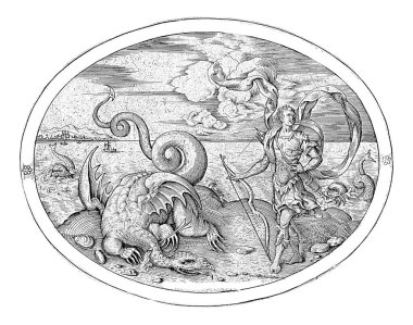 Apollo on an island in the sea, with a bow in his hands, on his shoulder he carries a quiver of arrows. The defeated dragon Python lies opposite him. clipart