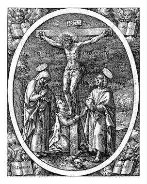 Calvary 'de İsa' nın çarmıha gerilmesi. Mary Magdalene çarmıhın altında yas tutuyor. Mary solda ve Johannes sağda. Çerçevenin köşelerinde dört evangelistin sembolleri var..