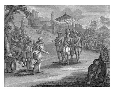 Cortes, Tenochtitlan kasabasının dışında Montezuma 'yı selamlıyor. Ona hediyeler sunuyor. Montezuma 'nın arkasında Aztekler krallarının önünde diz çöker..