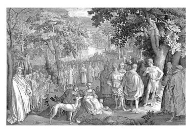 Bir orman manzarası. Ön planda Vaftizci Yahya bir ağacın altında. Büyük bir kalabalığa vaaz veriyor..