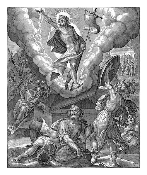 キリストの復活 マグダレナ ファン クリスピン ファン パス後 1610 1638キリストは彼の墓から立ち上がります 墓の周りに横たわっ兵士は 開始し — ストック写真