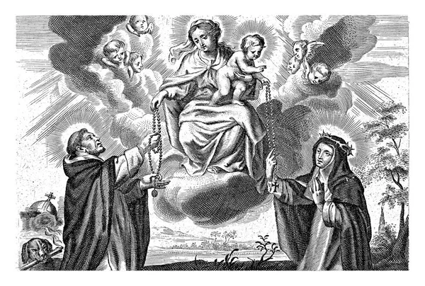 マリアと子と聖ドミニクとシエナのカトリーヌ コーネリス 1638年 1678年メアリーと子は膝の上で雲の中に座り ケルブに囲まれています — ストック写真