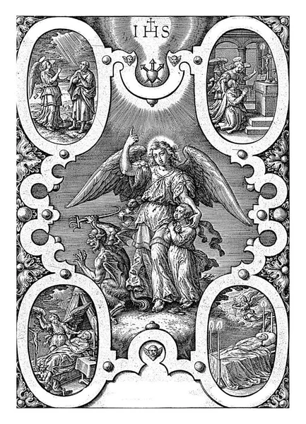 守护天使保护孩子 Hieronymus Wierix 1563年 1619年以前一个守护天使保护孩子免受魔鬼的攻击 天使指向基督的主题 — 图库照片