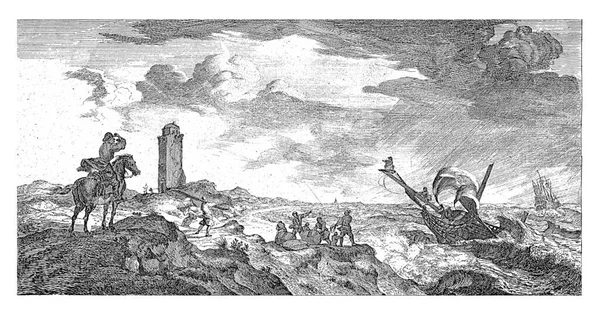 Pierwszym Planie Listonosz Koniu Obserwuje Burzę Morzu Statek Tonie Szalejących — Zdjęcie stockowe