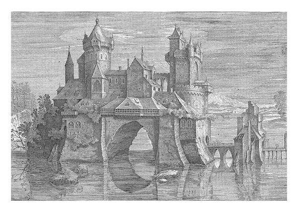 水に囲まれた城として表されるEmmausの聖書の村のビュー 城と島は長い橋で 見えない 城壁に接続されています — ストック写真