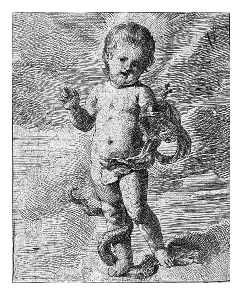 キリストの子は雲の上に立って祝福のジェスチャーをします 子供は手に地球を持っており ヘビの上に足で立っています — ストック写真