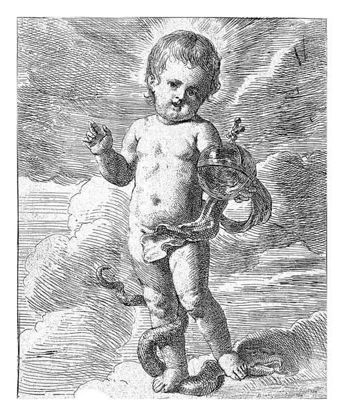 Krisztus Gyermek Egy Felhőn Áll Áldást Mutat Egy Földgömb Van — Stock Fotó
