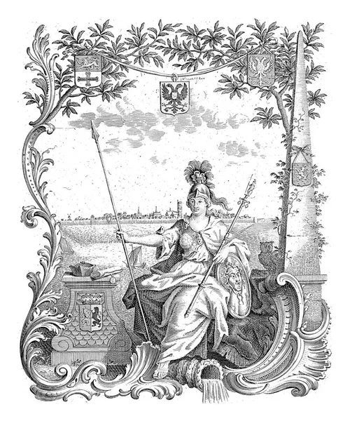 Minerwa Pallas Athene Siedzi Krześle Jednej Ręce Lanca Drugiej Koralik — Zdjęcie stockowe