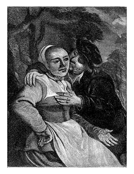 Hombre Abraza Una Mujer Besa Mejilla Levanta Mano — Foto de Stock