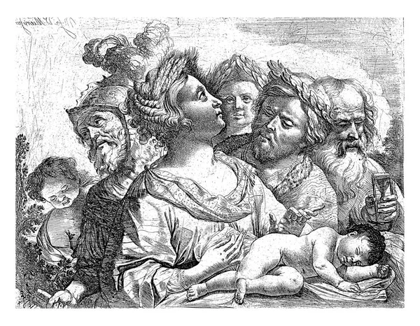 세레스 옥수수가 머리를 아기와 올려다보고 뒤에는 월계수 인형을 머리에이고 남자와 — 스톡 사진