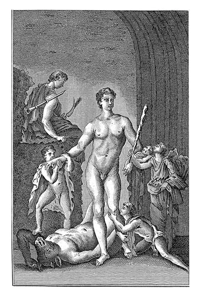 Theseus Kyjem Ruce Stojí Nad Minotaurem Kterého Porazil Postavy Kolem — Stock fotografie