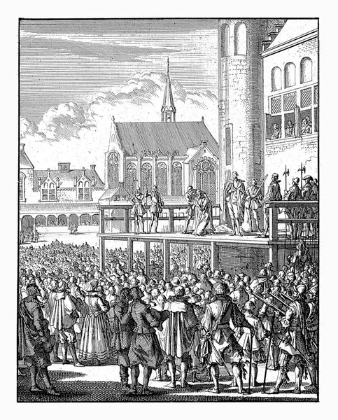 奥尔登巴韦尔特在断头台上跪着 1619年在他被砍头之前 1698年在他被砍头之前 奥尔登巴韦尔特在海牙宾嫩霍夫被砍头之前 — 图库照片