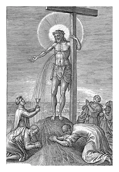 和尚收集基督的血 约翰内斯 维鲁瓦 基督站在十字架旁边的小丘上 头上环绕着光环 血从他身边的伤口喷涌而出 并由一名僧人收集 — 图库照片