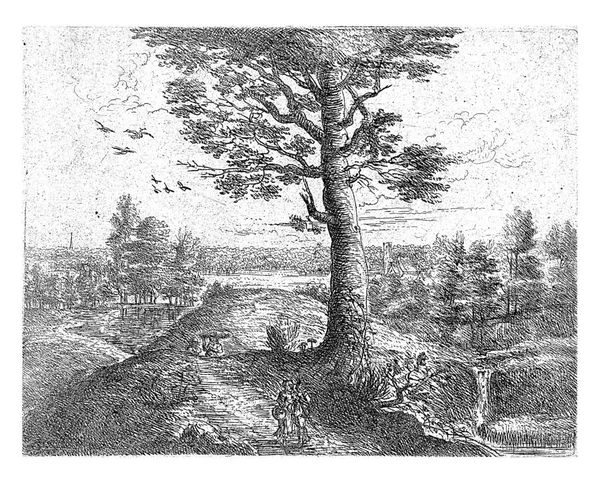 Trzeci Serii Ośmiu Krajobraz Dużym Drzewem Wzgórzu Chodzącą Parą — Zdjęcie stockowe