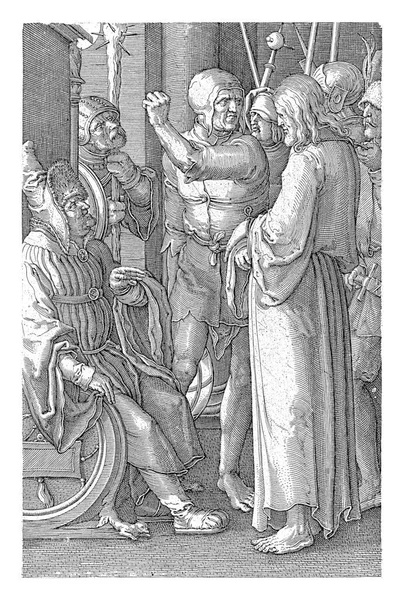 アナスの前のキリスト ハーメンツ ミュラー ルーカス ファン ライデンの後 1613年 1622年キリストはアナスの前に連れて来られ 手が結ばれます アナスは王座に座り — ストック写真
