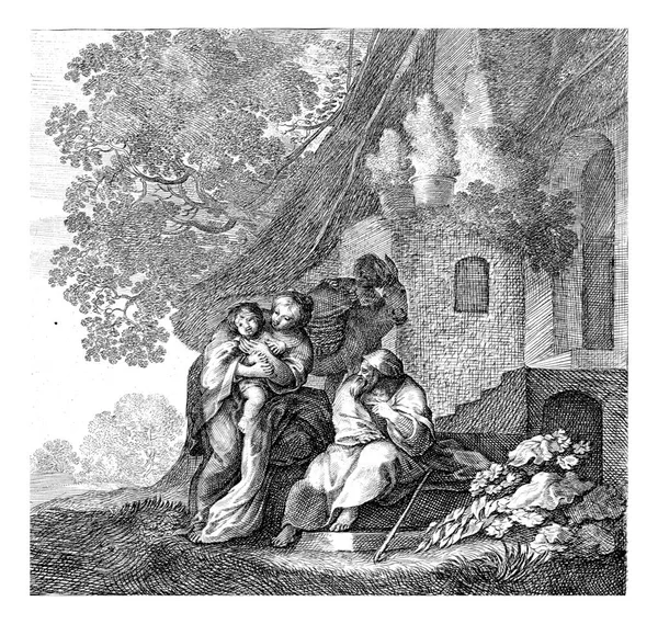 Maryja Stoi Przed Strzechą Dzieciątkiem Chrystusa Ramieniu Obok Niej Joseph — Zdjęcie stockowe