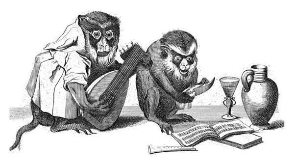 Dwie Małpy Kucają Ziemi Tworzą Muzykę Jeden Gra Lutni Drugi — Zdjęcie stockowe