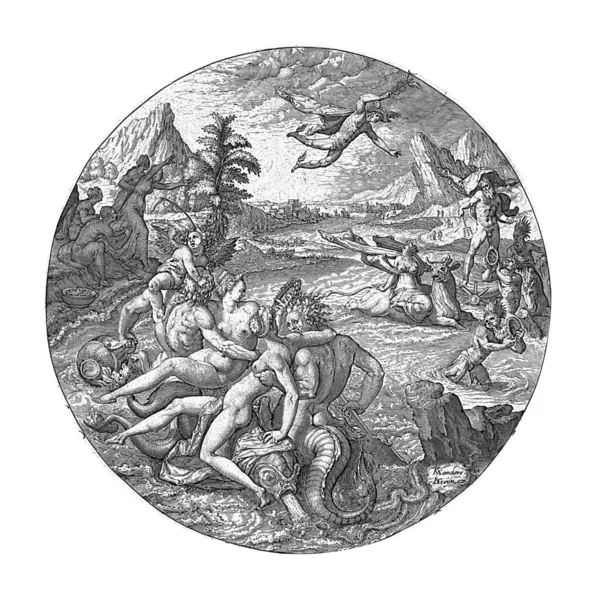 雄牛を装った木星がエウロパを誘拐 乙女たちは動物を止めようとするが ネレイデスに邪魔される — ストック写真