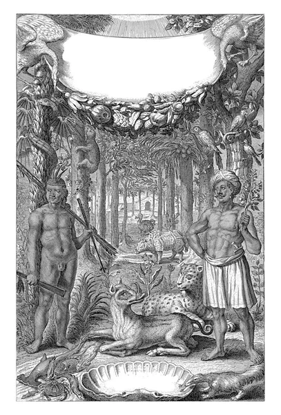 一个赤身裸体的男人和一个头戴头巾的男人 中间夹着野生动物 在森林前 森林里有一只渡渡鸟 一只犀牛和一只豹 顶部是一个顶部有两个鸟在旁边的带有此头衔的藤壶 — 图库照片