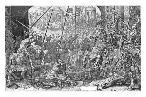征服突尼斯 1535年 皇军进入这座城市 正确的查尔斯五世骑马 这张照片是关于查理五世胜利的12集的一部分 — 图库照片