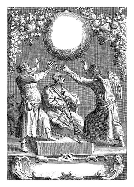 密涅瓦站在基座上 脚镣着一个人和一个天使 在背景中一只狼 — 图库照片