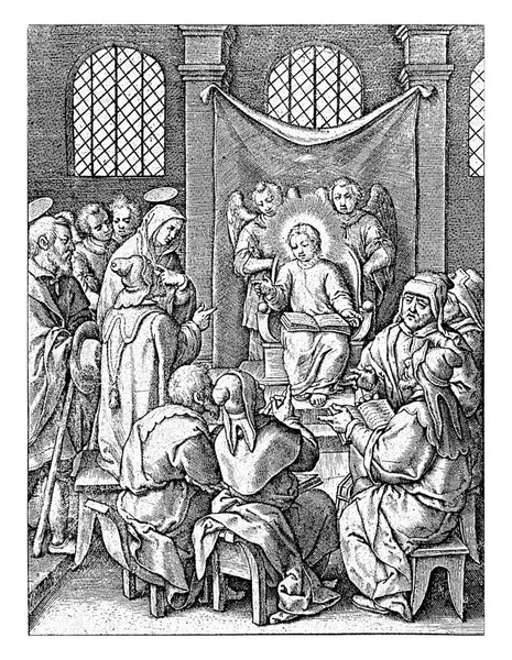 神殿で12歳のキリスト ヒエロニムス ウィリクス Hieronyus Wierix 1563年 1619年以前キリストは神殿の玉座に座し 2人の天使が彼の後ろに座っていた — ストック写真
