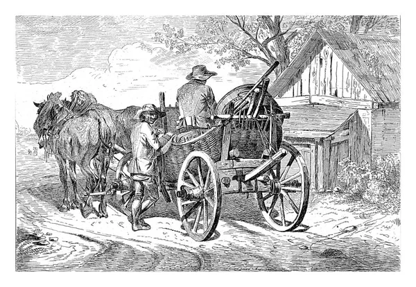 Vagão Carvão Com Dois Cavalos Visto Por Trás Homem Chapéu — Fotografia de Stock
