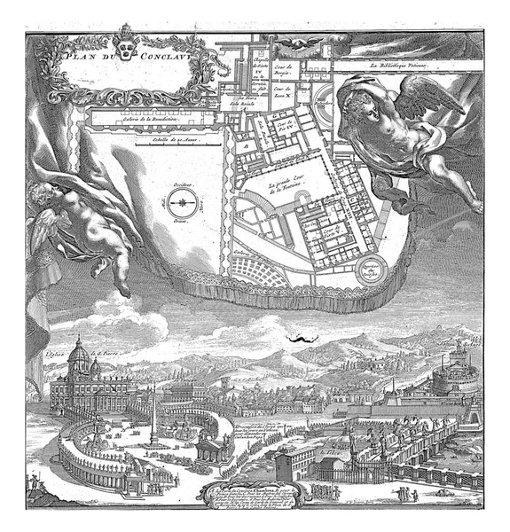 バチカンのフロアプランとビュー ファン ヴィアネン 1670年 1736年左側の聖ピーターズ教会と右側のサンタンジェロ城とバチカンのビュー — ストック写真
