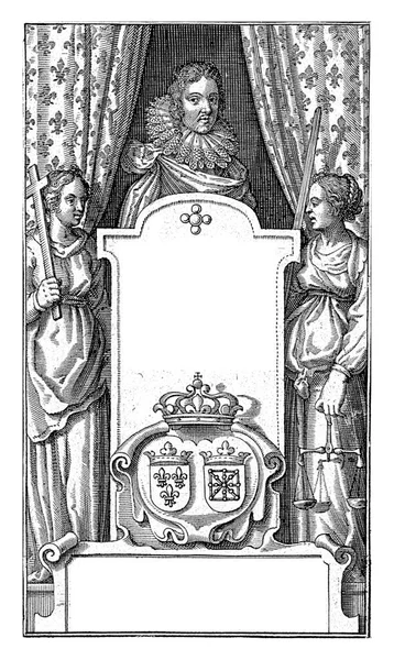 信仰与正义 的侧翼是一个基座 书名就在这个基座上 在两个帷幕之间 是法国国王路易十三世的半身像 — 图库照片