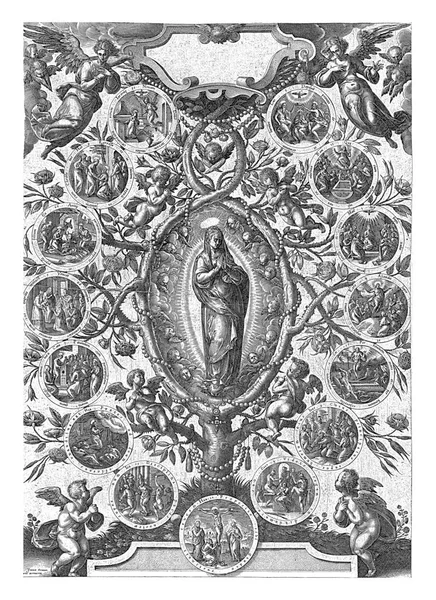 在曼陀罗 被基路伯和天使围绕着 被关在玫瑰丛中 在荆棘的枝条上 有十五枚奖章 描绘圣母玛利亚和基督的生平 — 图库照片