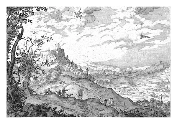 イカルスの滝と風景 クレス ヤンツ ヴィシャー ジェラルド ファン ホルスト後 1610広い丘陵の風景の中に 羊飼いや歩行者はイカルスが太陽に近すぎる飛ぶ方法に気づかない — ストック写真